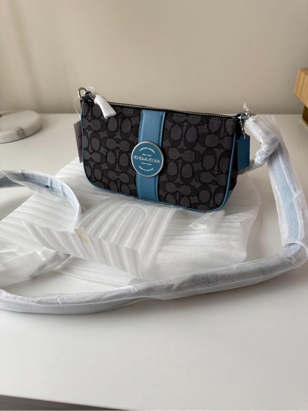 Coach Lonnie Baguette in Signature Jacquard, Black / Blue